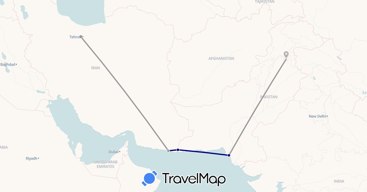 TravelMap itinerary: driving, plane in Iran, Pakistan (Asia)