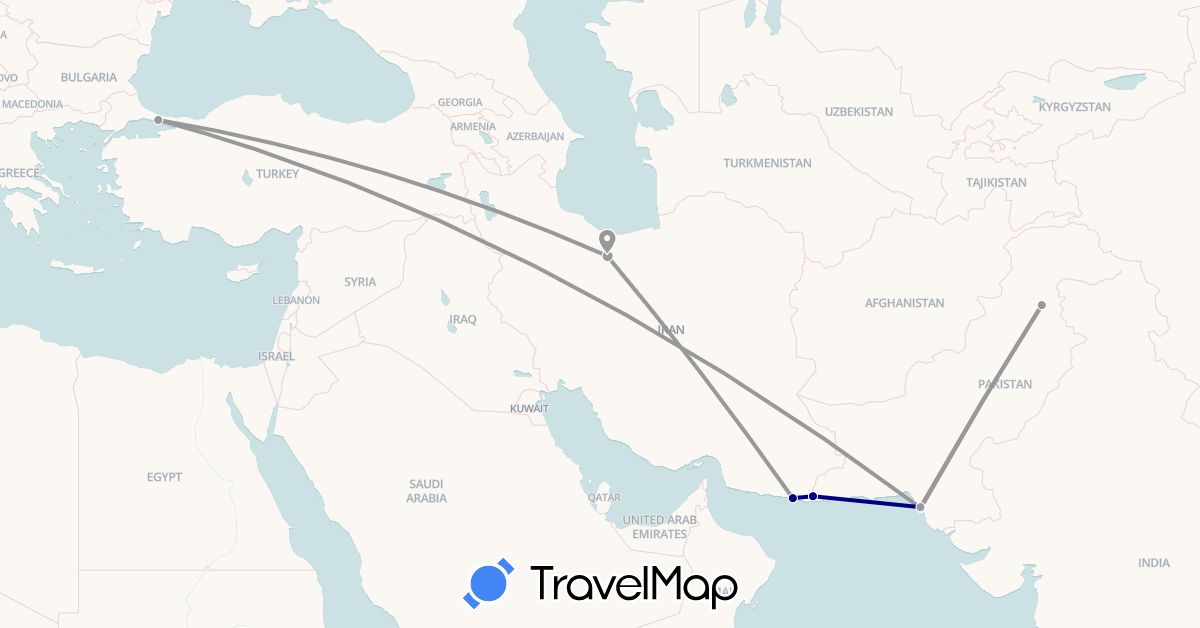 TravelMap itinerary: driving, plane in Iran, Pakistan, Turkey (Asia)